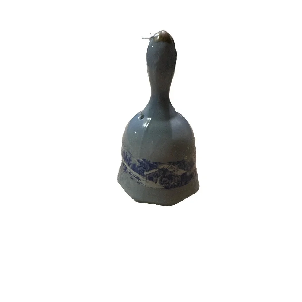 VINTAGE BLUE‎ SNOW VILLAGE MINI CERAMIC BELL WITH SILVER ACCENT  3.25
